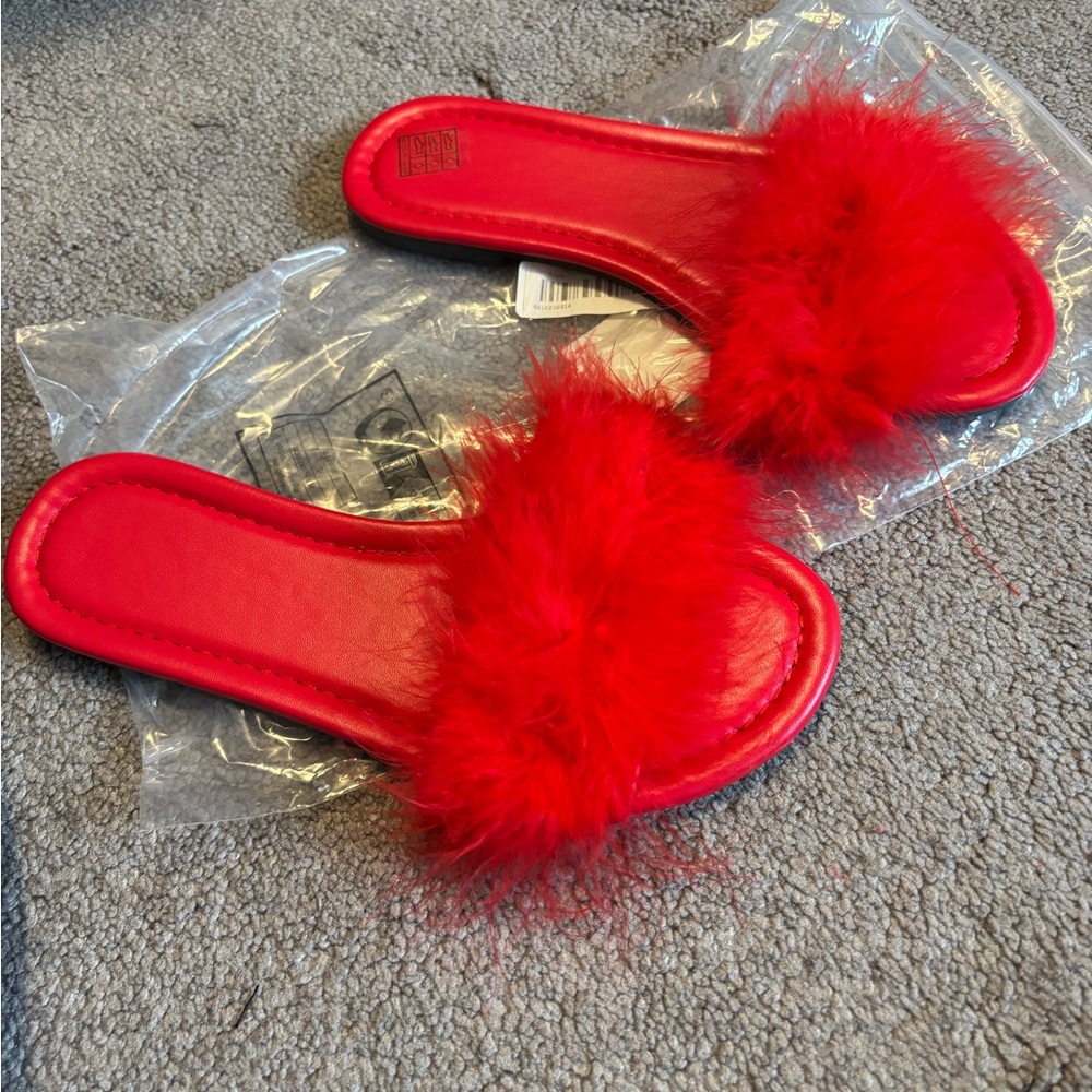 Red Fuzzy Slide Sandals